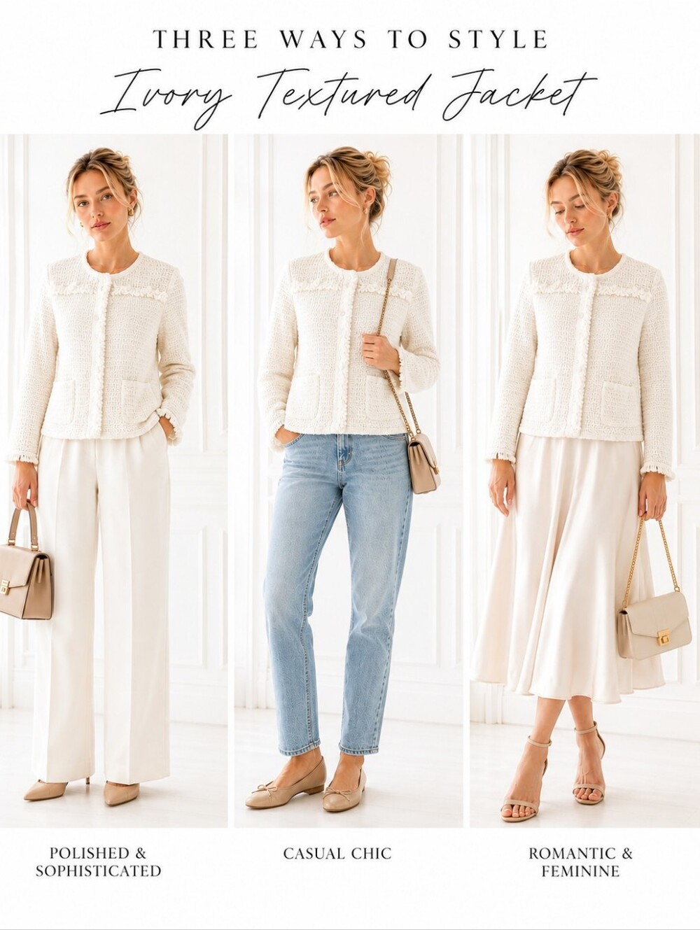 Anne Klein Ivory Textured Knit Fringe Cropped Jacket | Size LP | Quiet Luxury - Picture 3 of 10